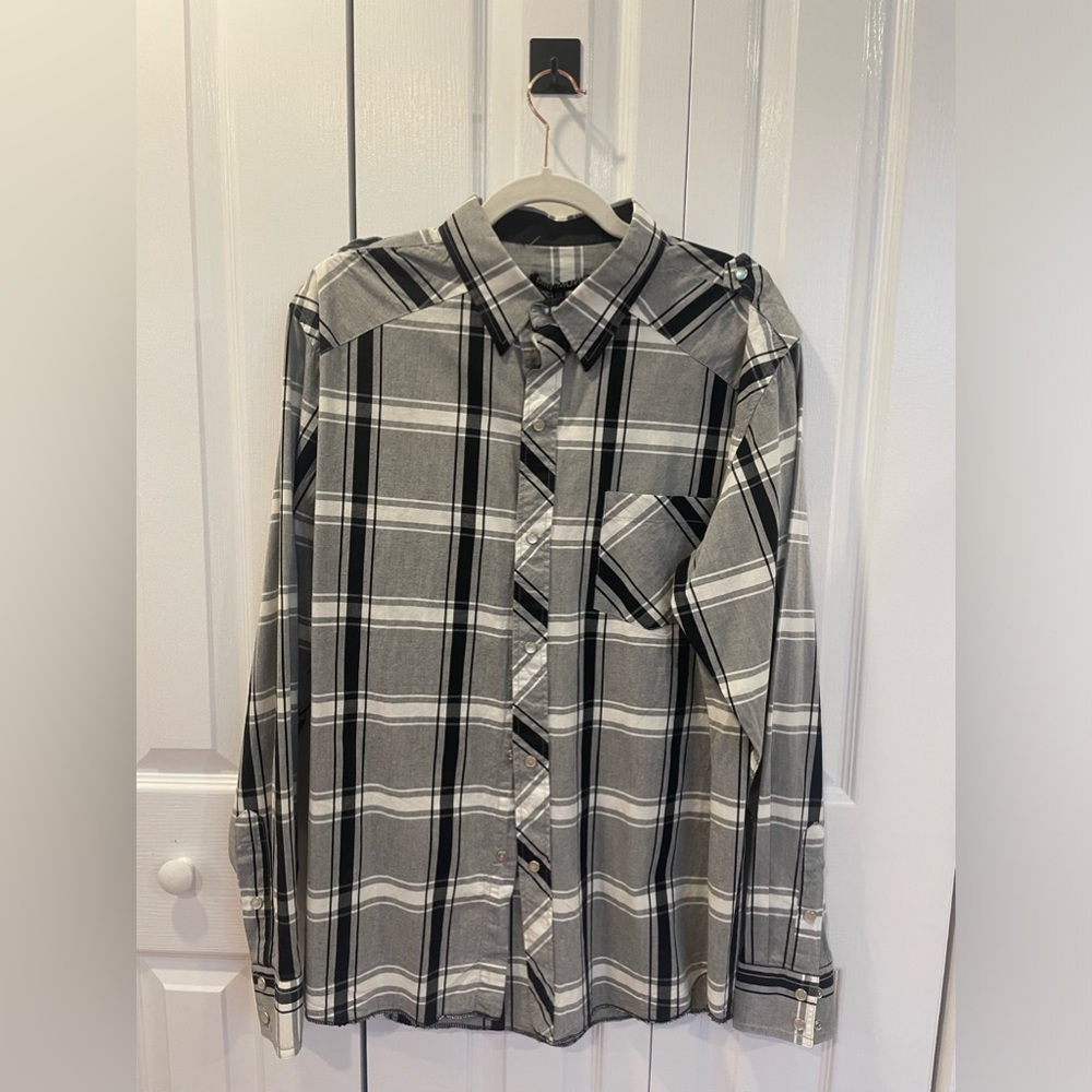 Grey, black and white plaid men shirt